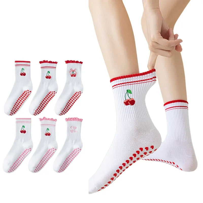 Cute Cherry Non-Slip Yoga & Pilates Socks – Silicone Grip, Breathable Women's Fitness Socks