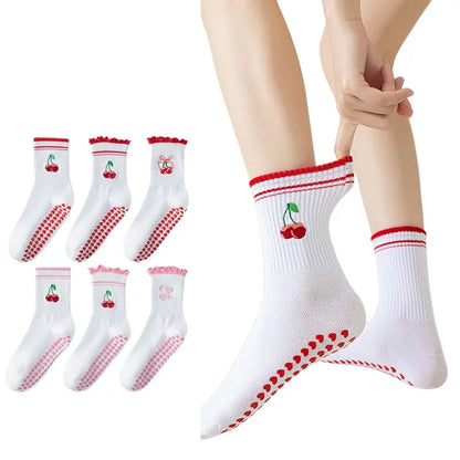 Cute Cherry Non-Slip Yoga & Pilates Socks – Silicone Grip, Breathable Women's Fitness Socks