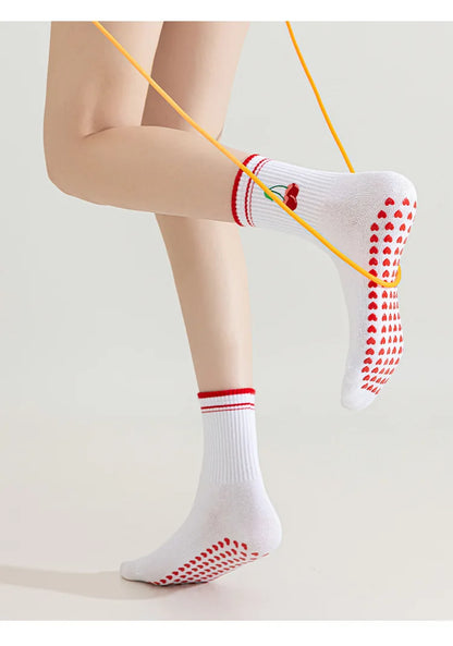 Cute Cherry Non-Slip Yoga & Pilates Socks – Silicone Grip, Breathable Women's Fitness Socks